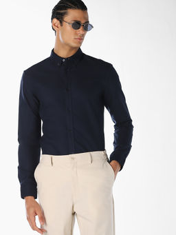 Jack & Jones - Navy Blue Solid Cotton Regular Fit Shirt
