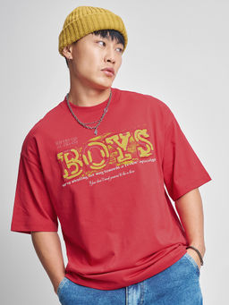 HIGHLANDER - Red Graphic Cotton Oversized Fit T-Shirt
