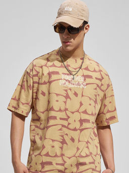 HIGHLANDER - Brown Graphic Cotton Blend Oversized Fit T-Shirt