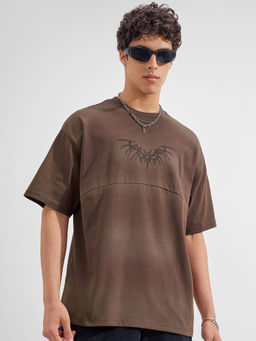 HIGHLANDER - Brown Embroidered Cotton Oversized Fit T-Shirt