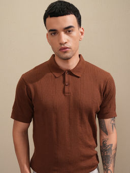 HIGHLANDER - Brown Self Design Cotton Relaxed Fit Polo T-Shirt