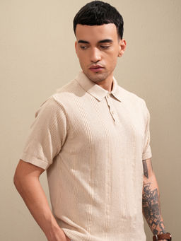 HIGHLANDER - Beige Self Design Cotton Relaxed Fit Polo T-Shirt