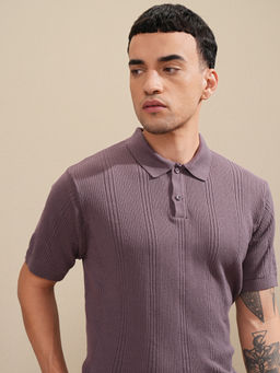 HIGHLANDER - Purple Self Design Cotton Relaxed Fit Polo T-Shirt