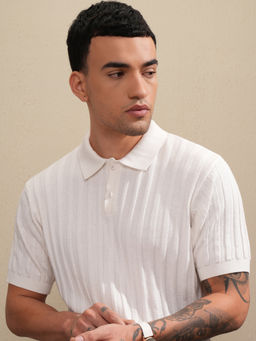 HIGHLANDER - Off White Self Design Cotton Relaxed Fit Polo T-Shirt