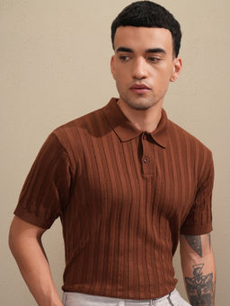 HIGHLANDER - Brown Self Design Cotton Relaxed Fit Polo T-Shirt