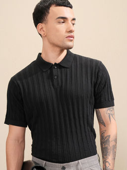 HIGHLANDER - Black Self Design Cotton Relaxed Fit Polo T-Shirt