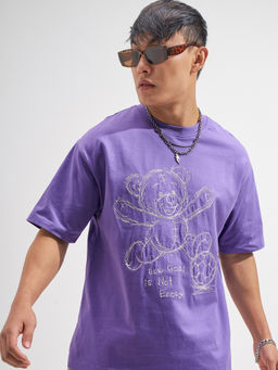 HIGHLANDER - Purple Embroidered Cotton Relaxed Fit T-Shirt