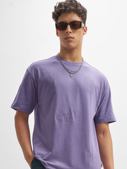 HIGHLANDER - Purple Embroidered Cotton Relaxed Fit T-Shirt