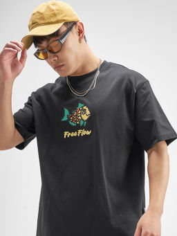 HIGHLANDER - Black Embroidered Cotton Relaxed Fit T-Shirt