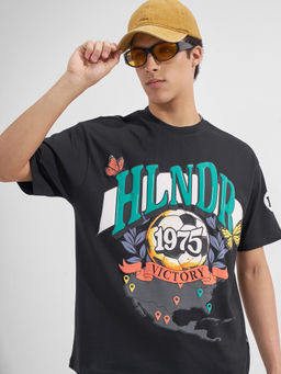 HIGHLANDER - Black Graphic Cotton Relaxed Fit T-Shirt