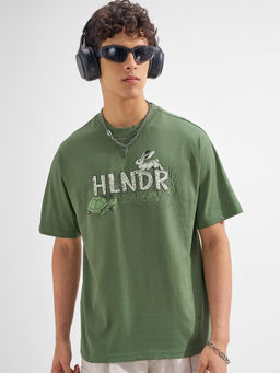 HIGHLANDER - Olive Graphic Cotton Relaxed Fit T-Shirt