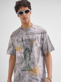 HIGHLANDER - Grey Graphic Cotton Relaxed Fit T-Shirt