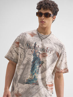 HIGHLANDER - Beige Graphic Cotton Relaxed Fit T-Shirt