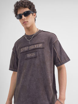 HIGHLANDER - Brown Typography Cotton Relaxed Fit T-Shirt