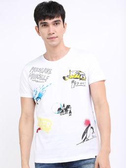 HIGHLANDER - White Printed Cotton Slim Fit T-Shirt