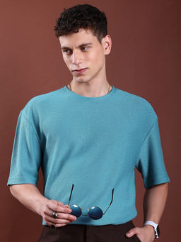 HIGHLANDER - Blue Solid Polyester Oversized Fit T-Shirt