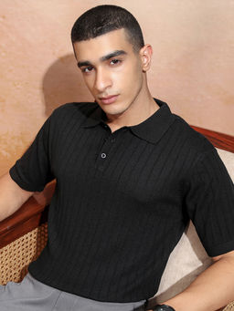 HIGHLANDER - Black Self Design Cotton Blend Relaxed Fit Polo T-Shirt