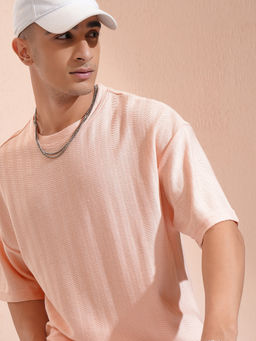 HIGHLANDER - Peach Self Design Cotton Blend Oversized Fit T-Shirt