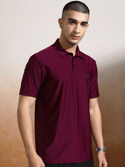 HIGHLANDER - Maroon Self Design Rayon Blend Slim Fit Polo T-Shirt