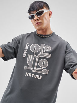 HIGHLANDER - Grey Graphic Polyester Blend Oversized Fit T-Shirt