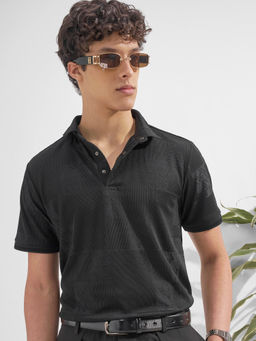 HIGHLANDER - Black Self Design Tencel Spandex Regular Fit Polo T-Shirt