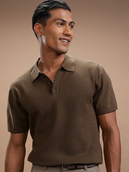 HIGHLANDER - Brown Self Design Cotton Blend Regular Fit Polo T-Shirt