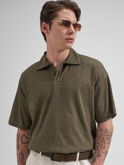 HIGHLANDER - Olive Self Design Polyester Blend Oversized Fit Polo T-Shirt