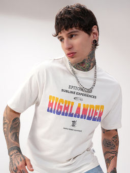 HIGHLANDER - Off White Typography Cotton Relaxed Fit T-Shirt
