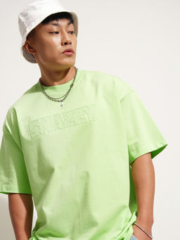 HIGHLANDER - Green Self Design Cotton Oversized Fit T-Shirt