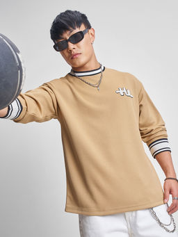 HIGHLANDER - Beige Solid Polyester Blend Relaxed Fit T-Shirt