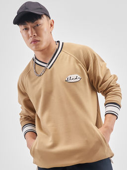 HIGHLANDER - Beige Self Design Polyester Blend Oversized Fit T-Shirt