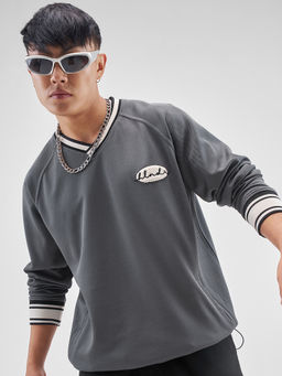 HIGHLANDER - Grey Self Design Polyester Blend Oversized Fit T-Shirt