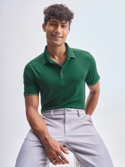 HIGHLANDER - Green Solid Rayon Blend Regular Fit Polo T-Shirt
