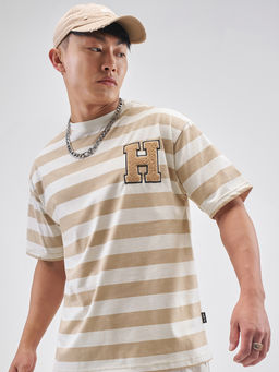 HIGHLANDER - Brown Stripes Cotton Blend Relaxed Fit T-Shirt
