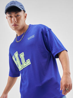 HIGHLANDER - Blue Typography Cotton Blend Oversized Fit T-Shirt
