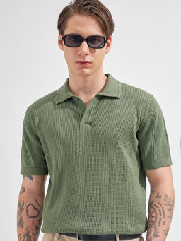 HIGHLANDER - Olive Self Design Cotton Relaxed Fit Polo T-Shirt