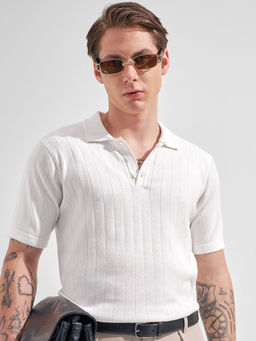 HIGHLANDER - White Self Design Cotton Relaxed Fit Polo T-Shirt