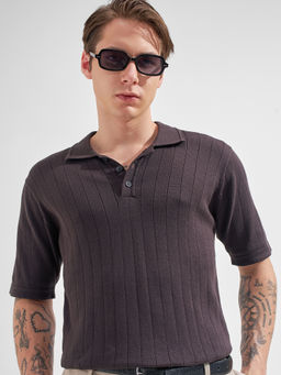 HIGHLANDER - Brown Self Design Cotton Relaxed Fit Polo T-Shirt