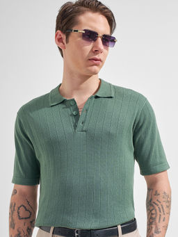 HIGHLANDER - Green Self Design Cotton Relaxed Fit Polo T-Shirt