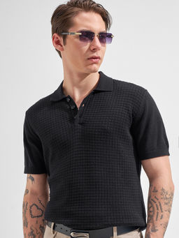 HIGHLANDER - Black Self Design Cotton Relaxed Fit Polo T-Shirt