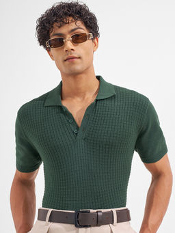 HIGHLANDER - Green Self Design Cotton Relaxed Fit Polo T-Shirt