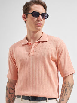 HIGHLANDER - Pink Self Design Cotton Relaxed Fit Polo T-Shirt