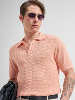 HIGHLANDER - Pink Self Design Cotton Regular Fit Polo T-Shirt