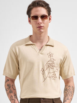 HIGHLANDER - Cream Self Design Cotton Oversized Fit Polo T-Shirt