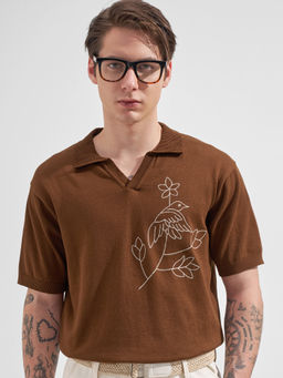 HIGHLANDER - Brown Self Design Cotton Oversized Fit Polo T-Shirt