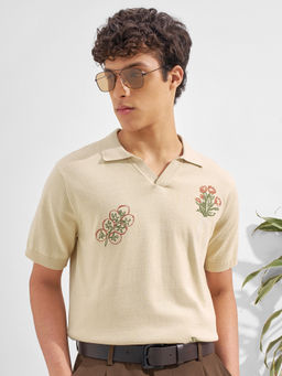 HIGHLANDER - Cream Self Design Cotton Relaxed Fit Polo T-Shirt