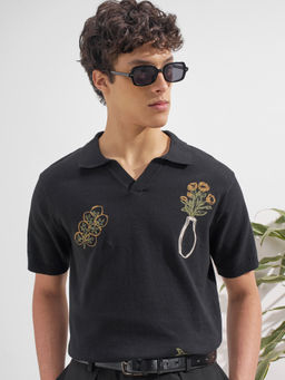 HIGHLANDER - Black Self Design Cotton Relaxed Fit Polo T-Shirt