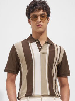 HIGHLANDER - Brown Stripes Polyester Relaxed Fit Polo T-Shirt