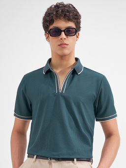 HIGHLANDER - Teal Self Design Nylon Blended Regular Fit Polo T-Shirt