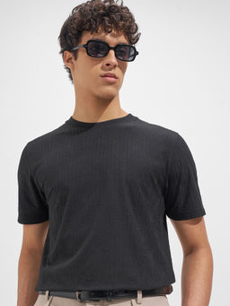 HIGHLANDER - Black Self Design Cotton Blend Regular Fit T-Shirt